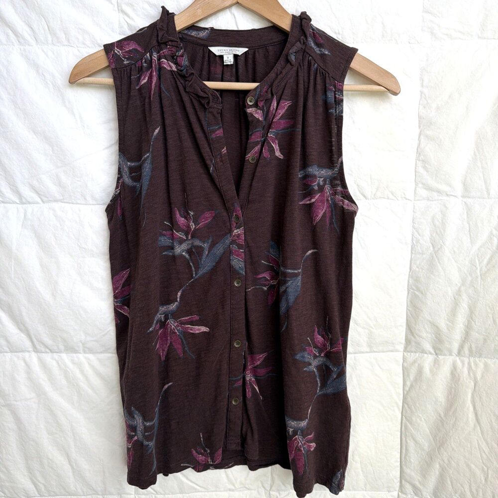 Lucky Brand Women's S Burgundy Floral Pleated Sleeveless Tank Top